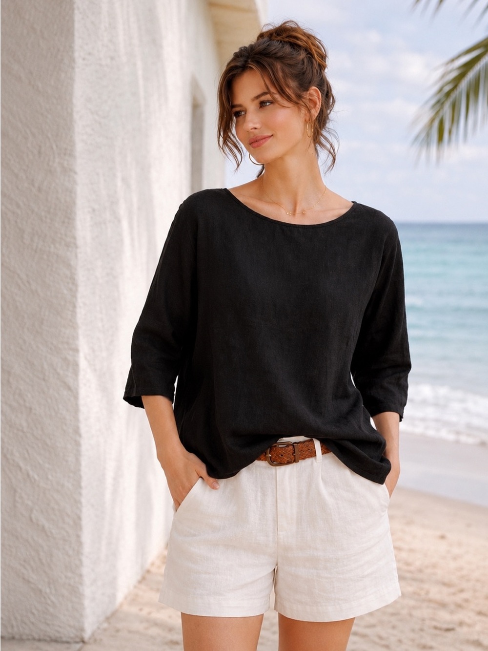 BECASA Black Linen Boxy Top Oversized Dolman Sleeve Resort Blouse